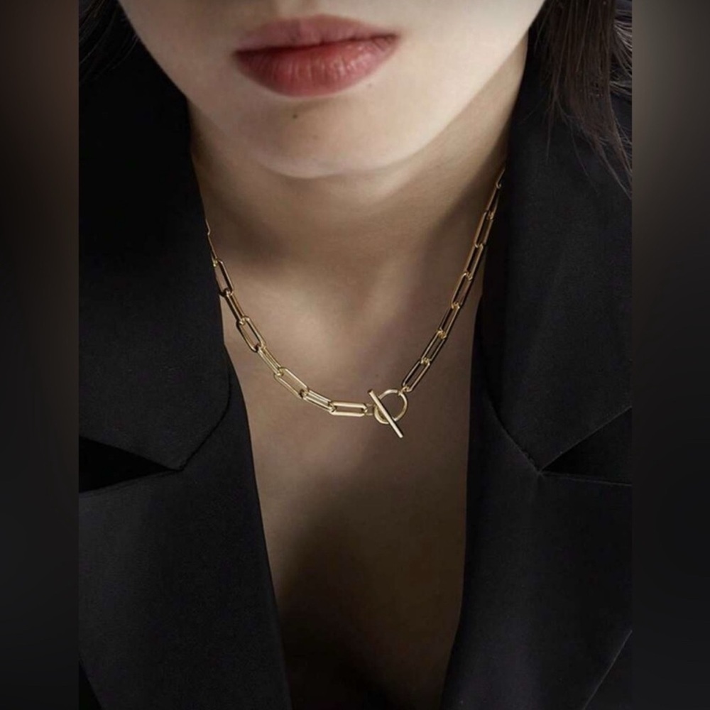 Gold Plated Stainless Steel Paperclip Chain Necklace with Toggle Clasp